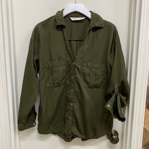 ZARA V-neck Snap Button Down Olive Shirt XS